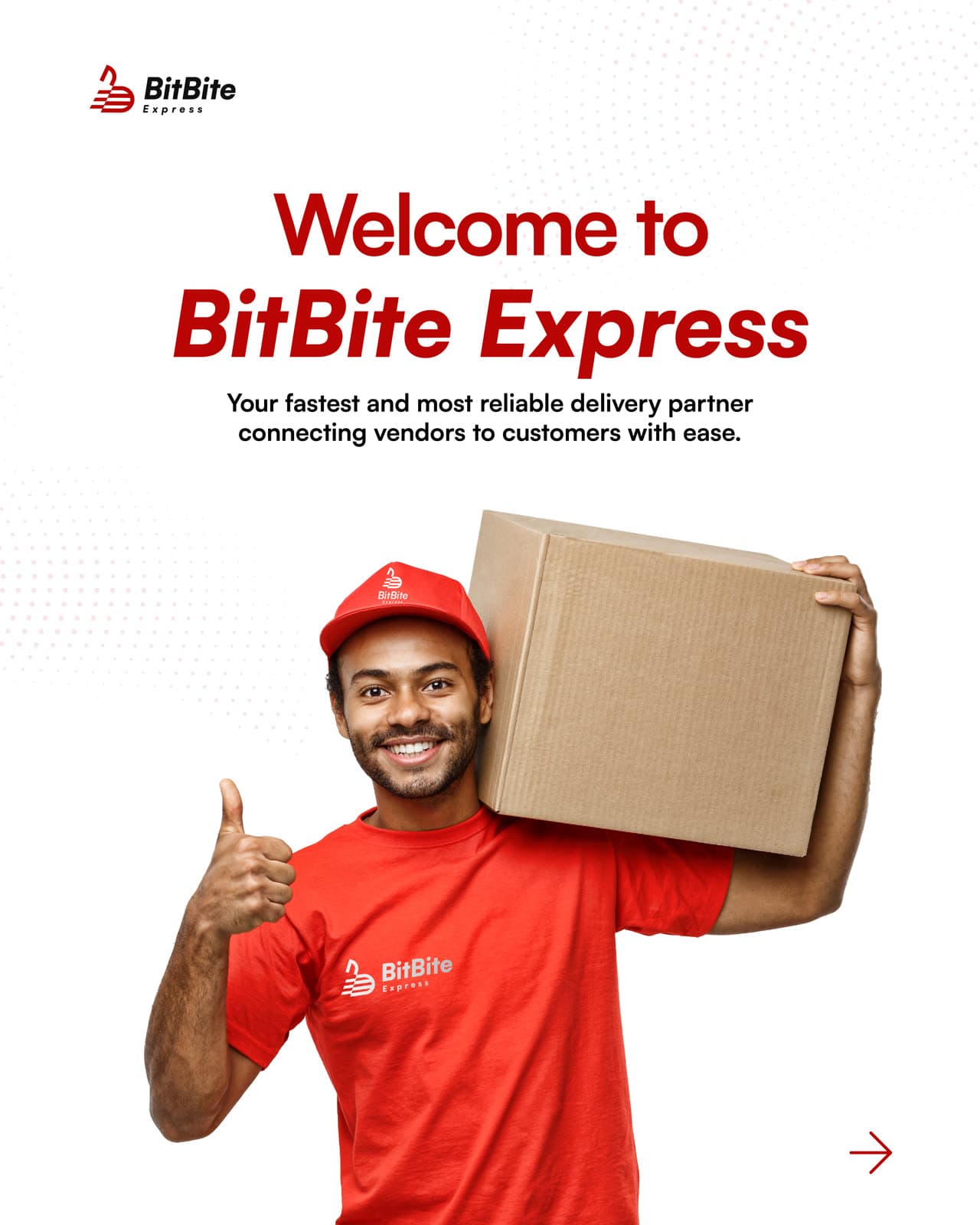 A BitBite Express rider in a red shirt holding a delivery box